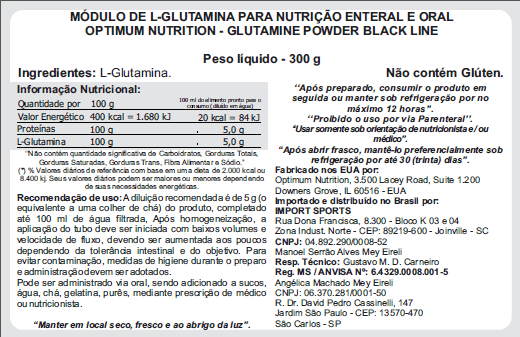Informação Nutricional Glutamina Powder (300g) Black Line Optimum Nutrition