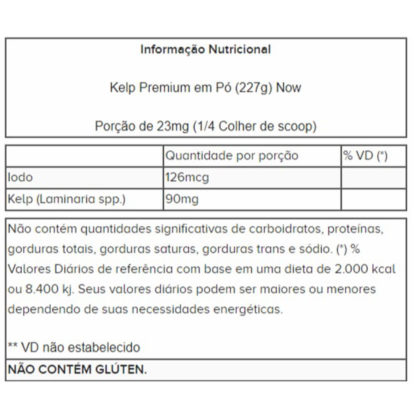 Kelp Premium em Pó (227g) Now tabela nutricional