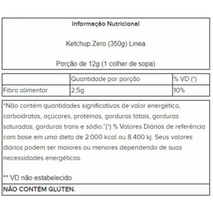 Ketchup Zero (350g) Linea tabela nutricional