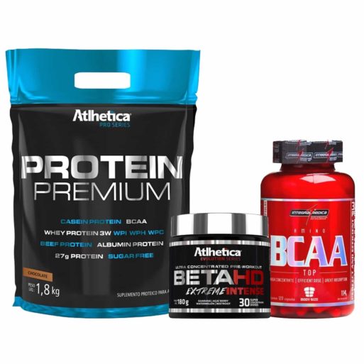 Kit Protein Premium + Beta HD Atlhetica Nutrition + Bcaa Integramédica