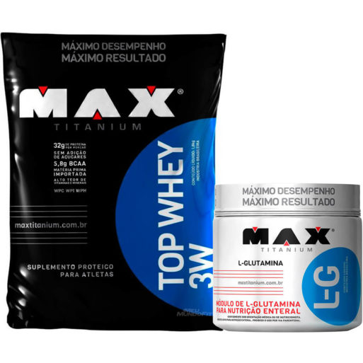 Kit Top Whey 3W (1,8kg)+ Glutamina (300g) Max Titanium