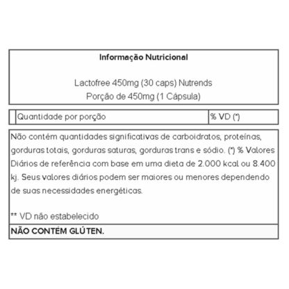 Lactofree 450mg (30 caps) Tabela Nutricional Nutrends