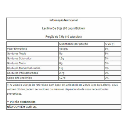 Lecitina De Soja (60 caps) Tabela Nutricional Bioklein