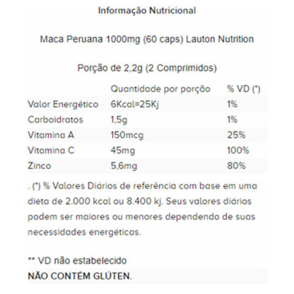 Maca Peruana 1000mg (60 caps) Tabela Nutricional Lauton Nutrition