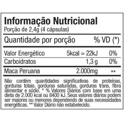 Maca Peruana (200 caps) Tabela Nutricional FTW