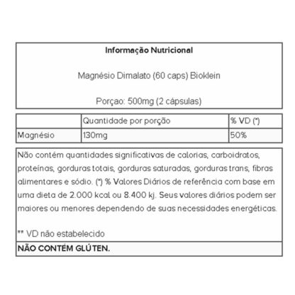 Magnésio Dimalato 130mg (60 caps) Tabela Nutricional Bioklein