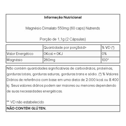 Magnésio Dimalato 550mg (60 caps) Tabela Nutricional Nutrends