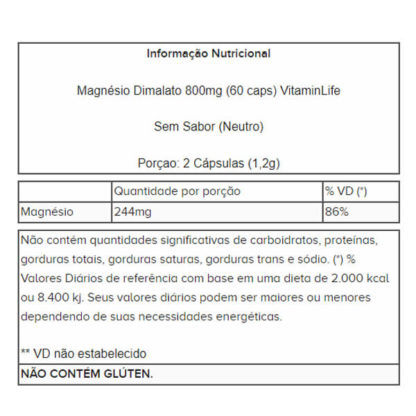 Tabela Nutricional Magnésio Dimalato 800mg (60 caps) VitaminLife