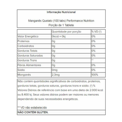 Manganês Quelato (100 tabs) Performance Nutrition