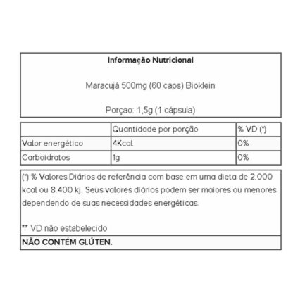 Maracujá 500mg (60 caps) Tabela Nutricional Bioklein