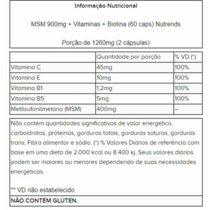 MSM 900mg + Vitaminas + Biotina (60 caps) Nutrends tabela nutricional
