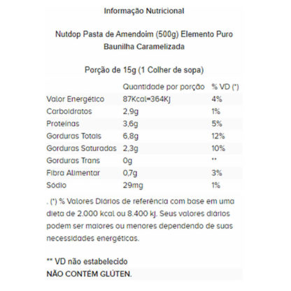Nutdop Pasta de Amendoim (500g) Baunilha Caramelizada Tabela Nutricional Elemento Puro