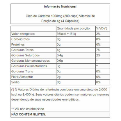 Tabela Nutricional Óleo de Cártamo 1000mg (200 caps) VitaminLife