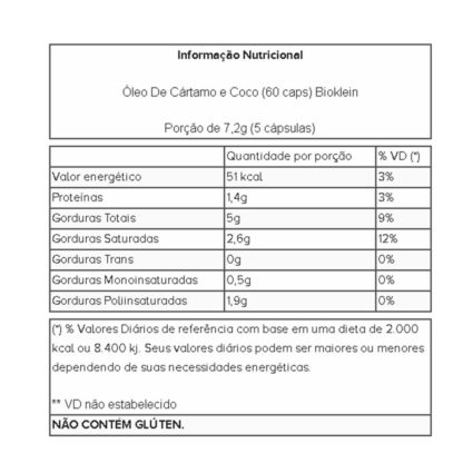 Óleo De Cártamo e Coco (60 caps) Tabela Nutricional Bioklein