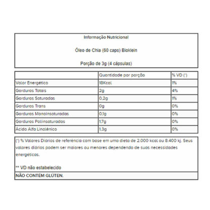 Óleo de Chia (60 caps) Tabela Nutricional Bioklein