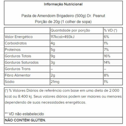 Pasta de Amendoim Brigadeiro (500g) Dr. Peanut tabela nutricional