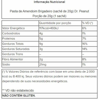 Pasta de Amendoim Brigadeiro (sachê de 20g) Dr. Peanut tabela nutricional