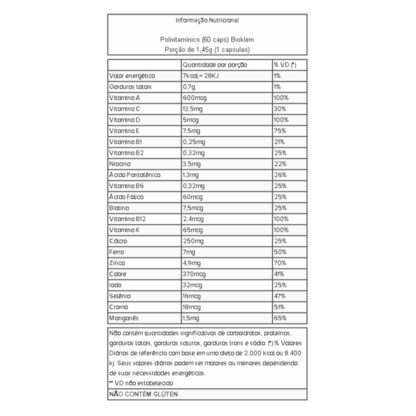 Polivitamínico (60 caps) Tabela Nutricional Bioklein