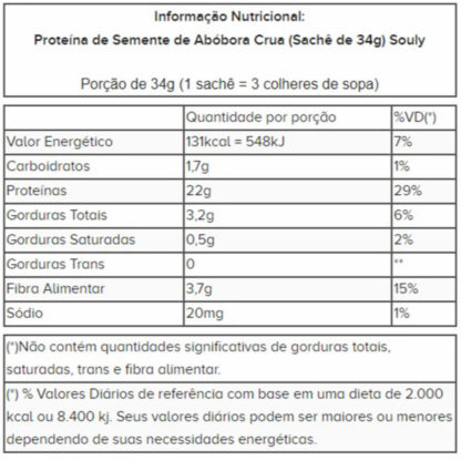 Proteína de Semente de Abóbora Crua (Sachê de 34g) Souly tabela nutricional