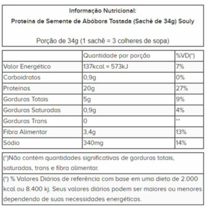 Proteína de Semente de Abóbora Tostada (Sachê de 34g) Souly tabela nutricional