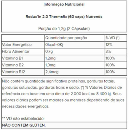 Redux'In 2.0 Thermafix (60 caps) Nutrends tabela nutricional