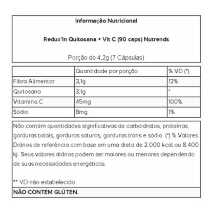 Redux'In Quitosana + Vit C (90 caps) Tabela Nutricional Nutrends
