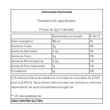 Reduzterol (60 caps) Tabela Nutricional Bioklein