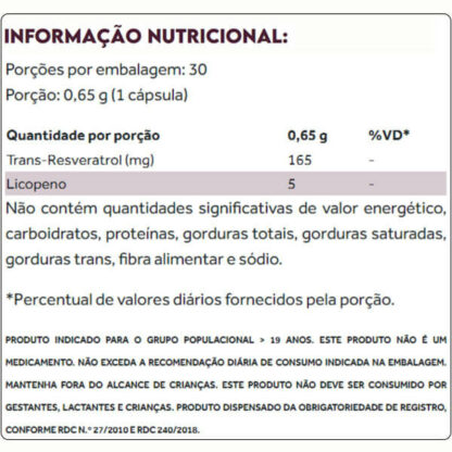 Resveramax 30 caps Puravida Tabela Nutricional