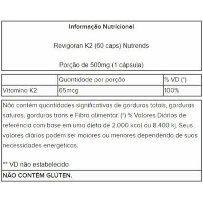 Revigoran K2 (60 caps) Nutrends tabela nutricional
