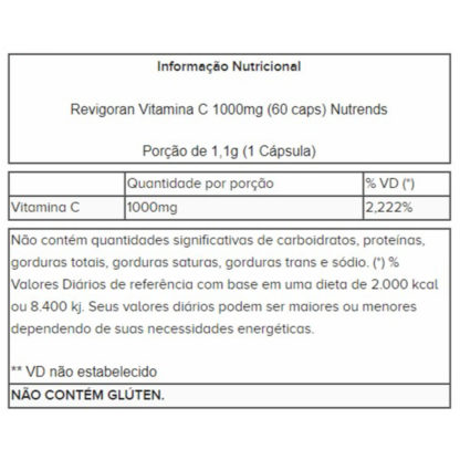 Revigoran Vitamina C 1000mg (60 caps) Nutrends tabela nutricional