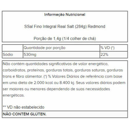 Sal Fino Integral Real Salt (284g) Redmond tabela nutricional