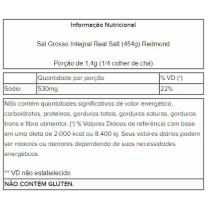 Sal Grosso Integral Real Salt (454g) Redmond tabela nutricional