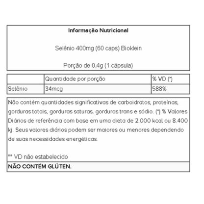 Selênio 400mg (60 caps) Tabela Nutricional Bioklein