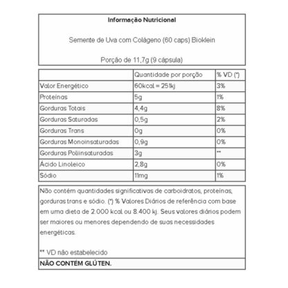 Semente de Uva com Colágeno (60 caps) Tabela Nutricional Bioklein