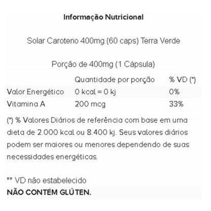 Solar Caroteno 400mg (60 caps) Tabela Nutricional Terra Verde