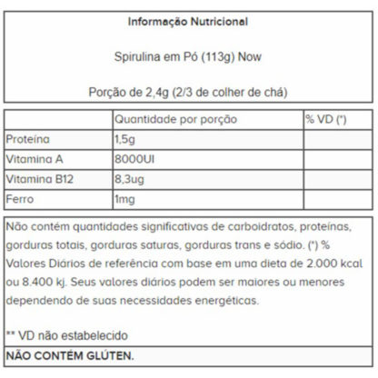 Spirulina em Pó (113g) Now tabela nutricional