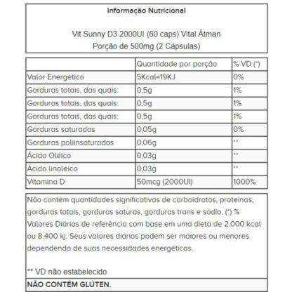 Sunny Vitamina D3 2000UI (60 caps) Vital Âtman tabela nutricional