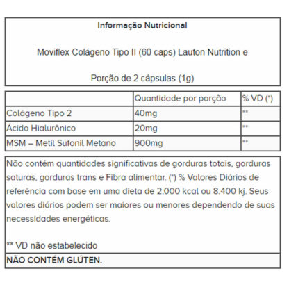 Tabela Moviflex Colágeno Tipo II (60 caps) Lauton Nutrition