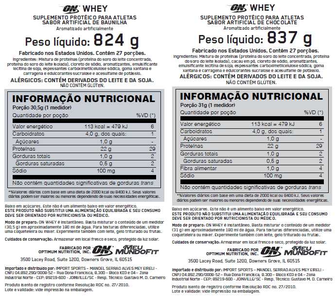 Tabela Nutricional ON Whey Optimum Nutrition