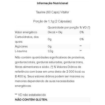 Taurine (60 Caps) Tabela Nutricional Vitafor