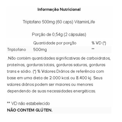 Triptofano 500mg (60 caps) Tabela Nutricional VitaminLife