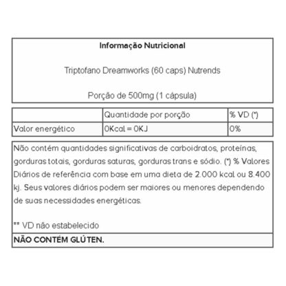 Triptofano Dreamworks (60 caps) Tabela Nutricional Nutrends
