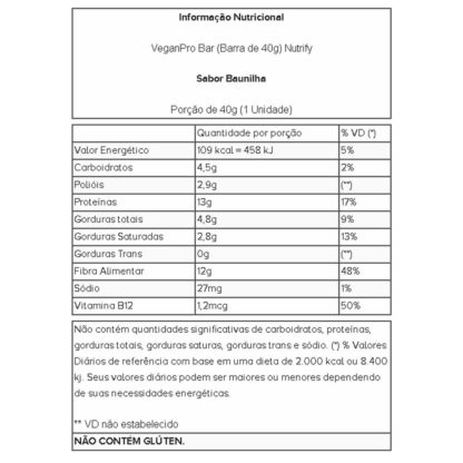 VeganPro Bar (Barra de 40g) Baunilha Tabela Nutricional Nutrify