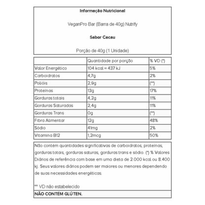 VeganPro Bar (Barra de 40g) Cacau Tabela Nutricional Nutrify