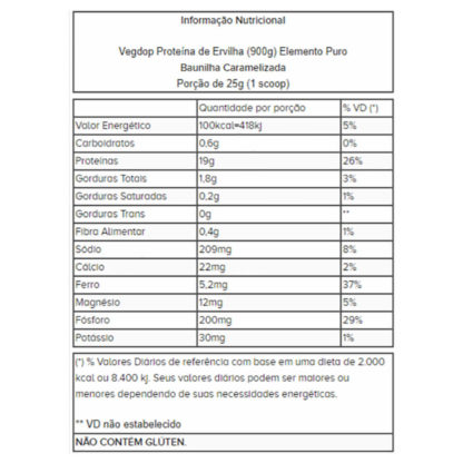 Vegdop Proteína de Ervilha (900g) Baunilha Caramelizada Tabela Nutricional Elemento Puro