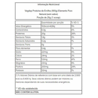 Vegdop Proteína de Ervilha (900g) Natural Tabela Nutricional Elemento Puro