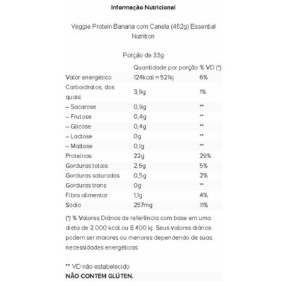 Veggie Protein Banana com Canela (462g) Tabela Nutricional Essential Nutrition