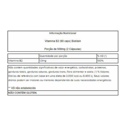 Vitamina B12 2,4mcg (60 caps) Tabela Nutricional Bioklein