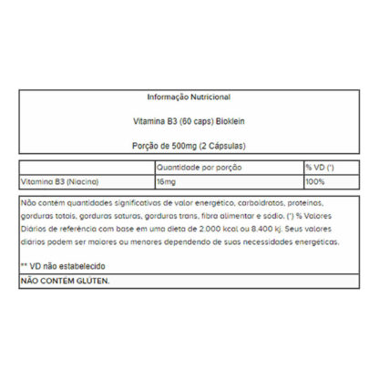 Vitamina B3 (60 caps) Tabela Nutricional Bioklein