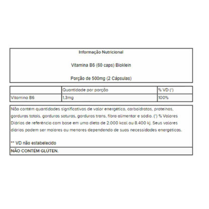 Vitamina B6 (60 caps) Tabela Nutricional Bioklein